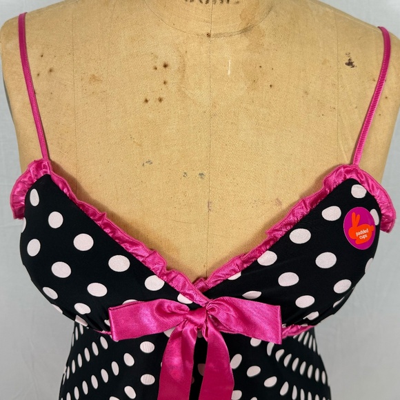jenni by Jennifer Moore Black Nighty Polka Dots Pink Satin Trim Size Small - Picture 2 of 12